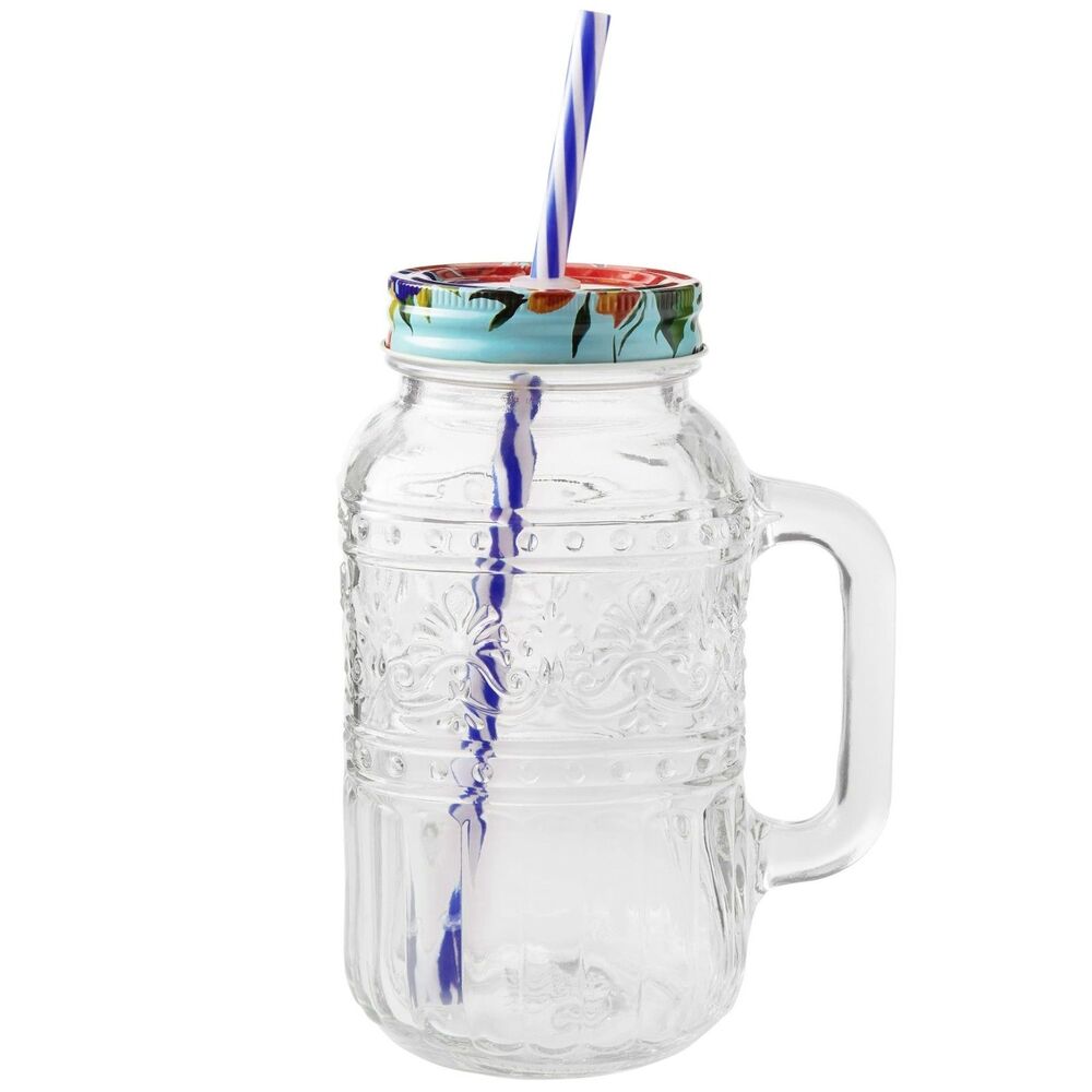 Cassie 32 Oz Clear Glass Mason Drinking Jar Mug w/ Handle, Straw & Floral Lid